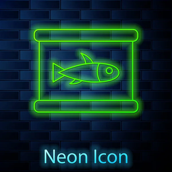 Świecąca neon linii Konserwy ikona ryby izolowane na tle cegły ściany. Wektor. — Wektor stockowy