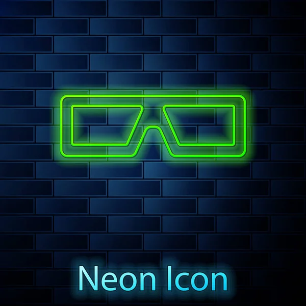 Glowing neon line 3D cinema glasses icon isolated on brick wall background. Vector — Vector de stock