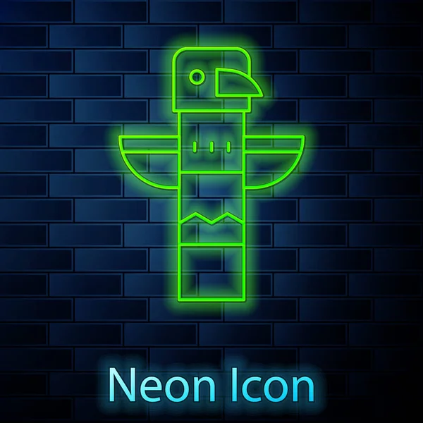 Glowing neon line Canadian totem pole icon isolated on brick wall background. Vector - Stok Vektor