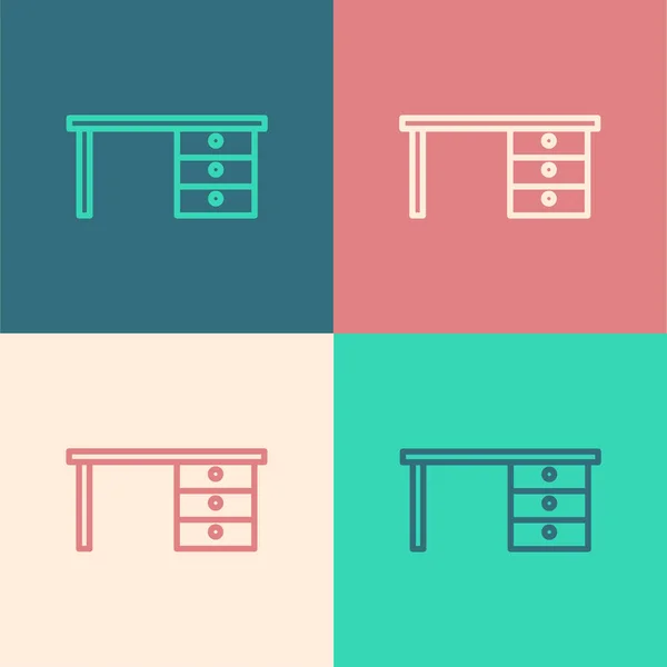 Pop-Art-Linie Office-Schreibtisch-Symbol isoliert auf farbigem Hintergrund. Vektor — Stockvektor