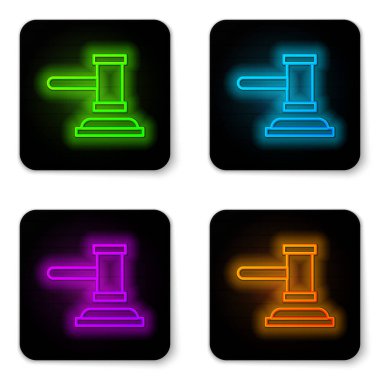 Parlayan neon hattı Yargıç Gavin ikonu beyaz arka planda izole edildi. Gavel cezaların, faturaların, mahkemenin, adaletin hükmünü verecek. Açık arttırma çekici. Siyah kare düğme. Vektör