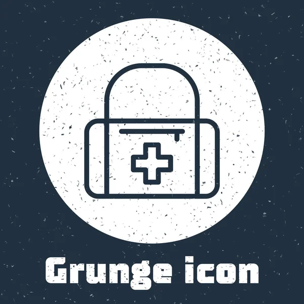 Иконка "Grunge line First aid kit" выделена на сером фоне. Медицинская коробка с крестом. Медицинское оборудование для чрезвычайных ситуаций. Концепция здравоохранения. Монохромный винтажный рисунок. Вектор — стоковый вектор