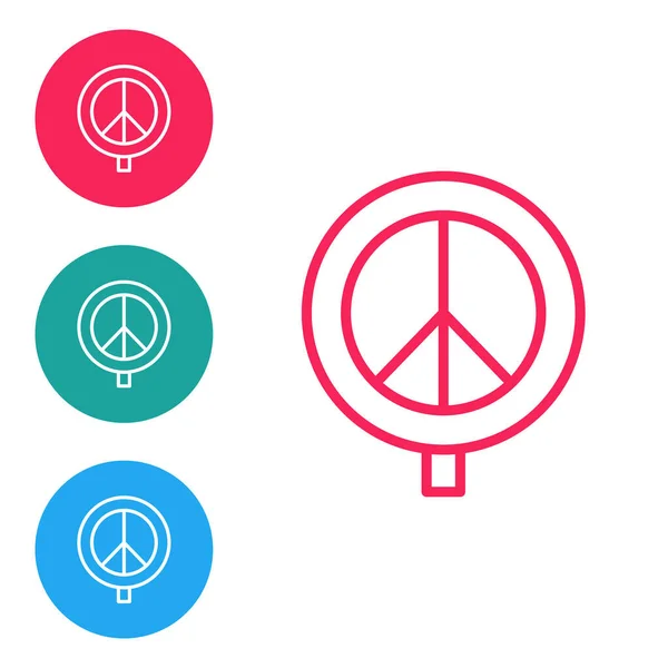 Ícone Paz linha vermelha isolado no fundo branco. Símbolo hippie da paz. Definir ícones em botões de círculo. Vetor — Vetor de Stock