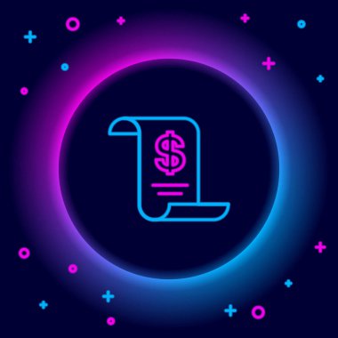 Parlayan neon hattı kağıt ya da finansal kontrol simgesi siyah arkaplanda izole edildi. Kağıt baskı çeki, makbuz ya da fatura. Renkli taslak konsepti. Vektör