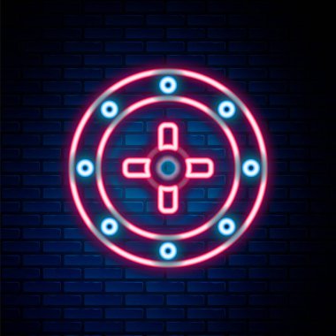 Parlayan neon hattı tuğla duvar arka planında güvenli simge izole edildi. Kapı, şifreli bir banka kasası. Güvenilir Veri Koruma. Renkli taslak konsepti. Vektör