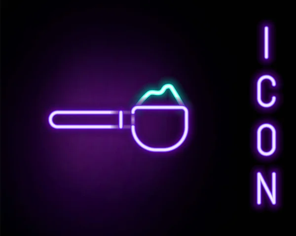 Leuchtende Neon-Linie Messbecher mit Mehlsymbol isoliert auf schwarzem Hintergrund. Backzutaten. Gesunde biologische Lebensmittel. Teigkochen. Buntes Rahmenkonzept. Vektor — Stockvektor