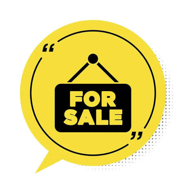 Μαύρο Κρεμαστό σήμα με κείμενο προς πώληση εικονίδιο απομονώνονται σε λευκό φόντο. Πινακίδα με κείμενο προς πώληση. Κίτρινη φυσαλίδα ομιλίας. Διάνυσμα — Διανυσματικό Αρχείο