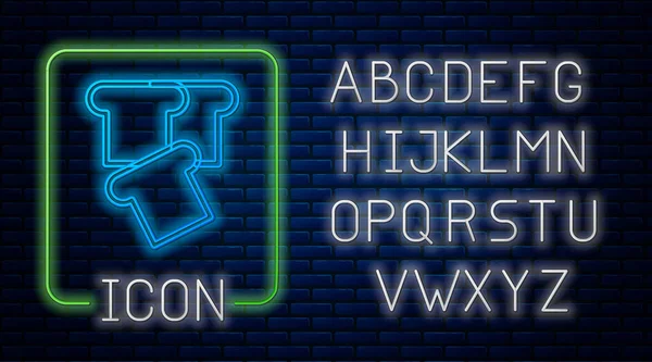 Glow neon pain pain pain pour sandwich morceau d'icône de croûton rôti isolé sur fond de mur de brique. Déjeuner, dîner, goûter au petit déjeuner. Alphabet néon. Vecteur — Image vectorielle