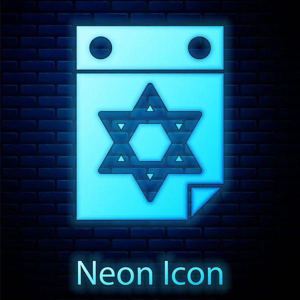 Calendário judaico de néon brilhante com estrela do ícone de David isolado no fundo da parede de tijolo. Dia do calendário Hanukkah. Vetor —  Vetores de Stock