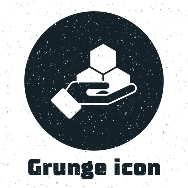 Grunge Honeycomb und Handsymbol isoliert auf weißem Hintergrund. Das Symbol der Honigzellen. Süße natürliche Nahrung. Monochrome Vintage-Zeichnung. Vektor — Stockvektor