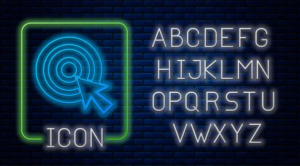 Leuchtende Neon Target mit Pfeil-Symbol isoliert auf Backsteinwand Hintergrund. Hinweisschild. Bogenschießen Ikone. Dartscheibe. Geschäftszielkonzept. Neonlicht-Alphabet. Vektor — Stockvektor