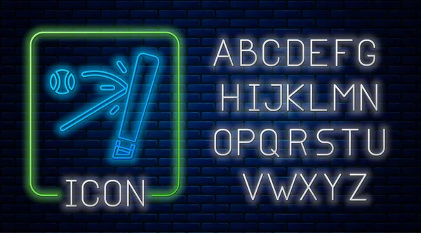 Gloeiende neon Honkbal knuppel met bal pictogram geïsoleerd op baksteen muur achtergrond. Neon licht alfabet. Vector — Stockvector