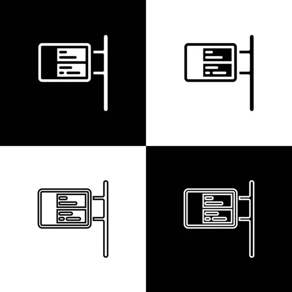 Set Openbaar vervoer bord pictogram geïsoleerd op zwart-wit achtergrond. Mechanisch scorebord. Info van de vlucht op het reclamebord in de trein. Vector — Stockvector