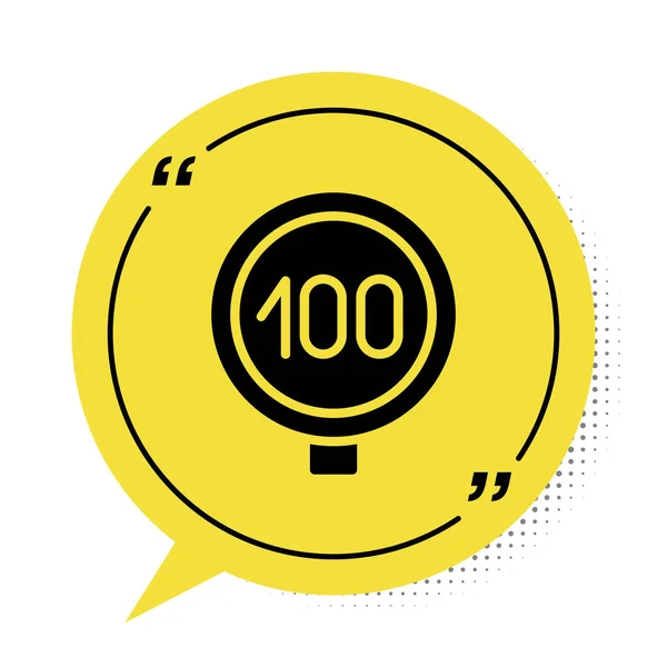 Nero Segnale di traffico limite di velocità icona 100 km isolato su sfondo bianco. Simbolo giallo della bolla vocale. Vettore — Vettoriale Stock