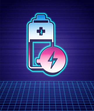 Retro stili Batarya simgesi gelecekten izole edilmiş peyzaj arka planı. Şimşek sembolü. 80 'lerin moda partisi. Vektör