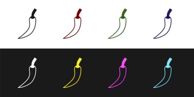 Hot chili biber kabuğu simgesini siyah beyaz arkaplanda izole et. Market, mutfak ürünleri, baharat ve baharat paketi, yemek kitabı için tasarım. Vektör