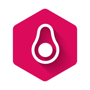 Beyaz Avokado meyve ikonu uzun gölgeli arka planda izole edilmiş. Pembe altıgen düğmesi. Vektör