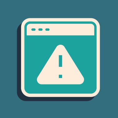 Yeşil arkaplanda ünlem işareti simgesi olan yeşil tarayıcı izole edildi. Uyarı mesajı akıllı telefon uyarısı. Uzun gölge tarzı. Vektör