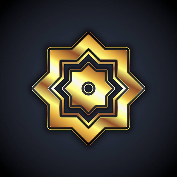 Gold Islamic octagonal star ornament icon isolated on black background. Vector