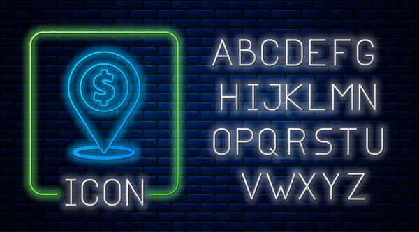 Gloeiende neon Cash locatie pin pictogram geïsoleerd op baksteen muur achtergrond. Pointer en dollarsymbool. Geld locatie. Bedrijfs- en investeringsconcept. Neon licht alfabet. Vector — Stockvector