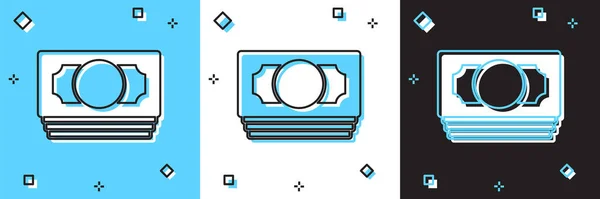 Set Stacks argent de papier icône de trésorerie isolé sur fond bleu et blanc, noir. Des piles de billets de banque. Monnaie fiduciaire. Vecteur — Image vectorielle