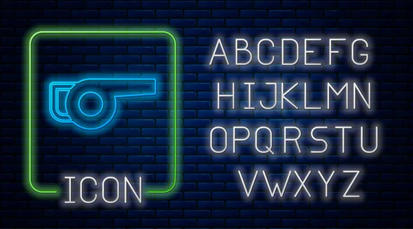 Leuchtende Neon Laubbläser Ikone isoliert auf Backsteinmauer Hintergrund. Neonlicht-Alphabet. Vektor — Stockvektor
