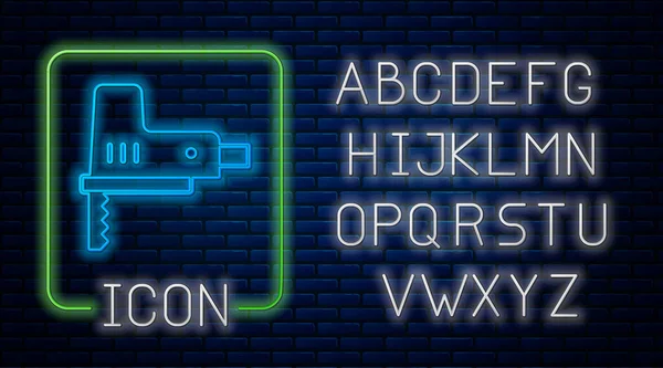 Brillante rompecabezas de neón eléctrico con icono de hoja afilada de acero aislado en el fondo de la pared de ladrillo. Herramienta eléctrica para carpintería. Alfabeto de luz de neón. Vector — Archivo Imágenes Vectoriales