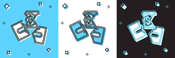 Déchirer le billet d'argent en trois icônes peaces isolées sur fond bleu et blanc, noir. Vecteur — Image vectorielle