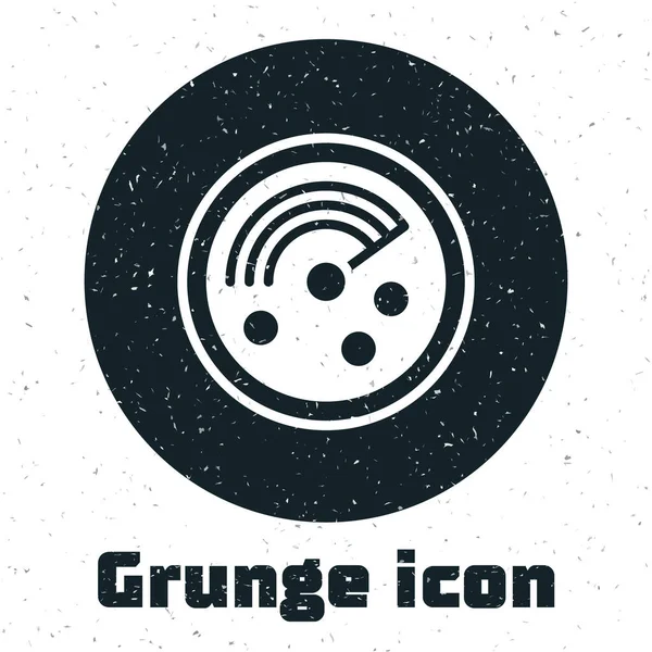 Grunge Radar with targets on monitor in searching icon isolated on white background. Search system. Navy sonar. Monochrome vintage drawing. Vector — Stock Vector