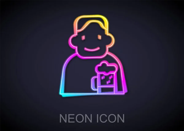 Świecący neon Szczęśliwy człowiek z ikoną piwa odizolowany na czarnym tle. Wektor — Wektor stockowy
