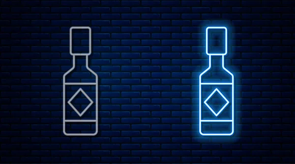 Leuchtende Neon-Linie Tabasco-Sauce Symbol isoliert auf Backsteinwand Hintergrund. Chili-Cayennepfeffer-Sauce. Vektor — Stockvektor