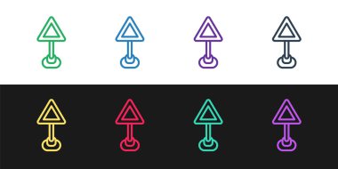 Siyah ve beyaz arkaplanda üçgen uyarı simgesini ayır. Trafik kuralları ve güvenli sürüş. Vektör