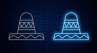 Parlayan neon hattı. Tuğla duvar arkasında izole edilmiş geleneksel Meksika sombrero şapka ikonu. Vektör