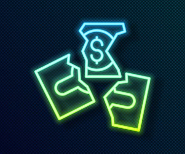 Parlayan neon hattı siyah arka planda izole edilmiş üç barış simgesine para banknotunu parçalıyor. Vektör