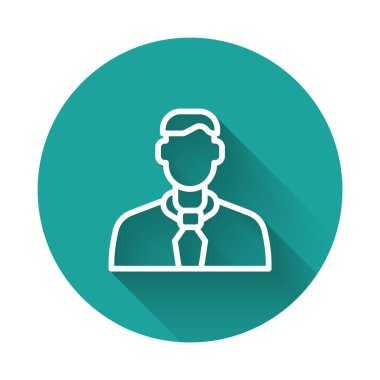 Beyaz çizgi İşçi simgesi uzun gölge arkaplanı ile izole edildi. İş simgesi kullanıcı profili simgesi simgesi. Erkek kullanıcı işareti. Yeşil daire düğmesi. Vektör