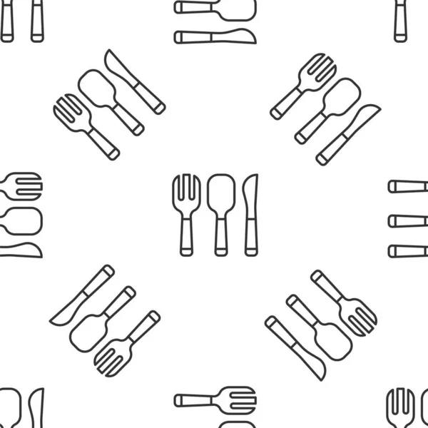 Línea gris Tenedor, cuchara y cuchillo icono aislado patrón sin costura sobre fondo blanco. Utensil de cocina. Signo de cubertería. Vector — Archivo Imágenes Vectoriales