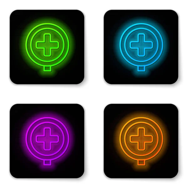 Glowing neon line Hospital road traffic icon isolated on white background. Traffic rules and safe driving. Black square button. Vector — Stock Vector