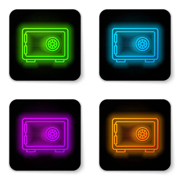 Glowing neon line Safe icon isolated on white background. The door safe a bank vault with a combination lock. Reliable Data Protection. Black square button. Vector — Stock Vector