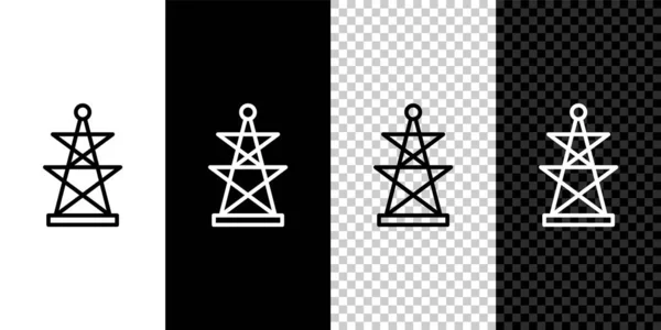 Set line Torre eléctrica utilizada para soportar un icono de línea aérea aislado en blanco y negro, fondo transparente. Línea de poste de alta tensión. Vector — Archivo Imágenes Vectoriales