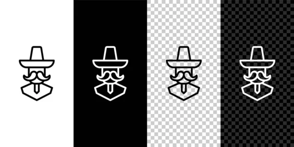 Set line Mexican man wearing sombrero icon isolated on black and white, transparent background. Hispanic man with a mustache. Vector — Stock Vector