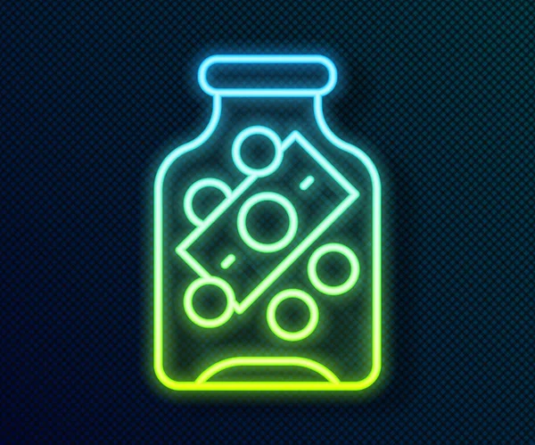 Glow neon line Pot d'argent en verre avec icône de pièce isolé sur fond noir. Icône épargne ou accumulation d'argent, investissement. Vecteur — Image vectorielle