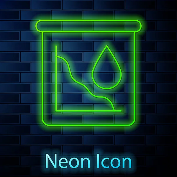Glödande neon line Droppe i råoljepriset ikon isolerad på tegelvägg bakgrund. Kriskoncept för oljeindustrin. Vektor — Stock vektor
