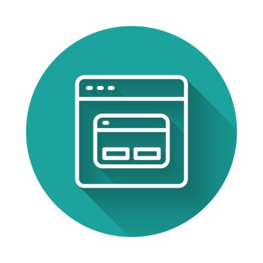 Beyaz çizgi arama motoru simgesi uzun gölge arkaplanı ile izole edildi. Yeşil daire düğmesi. Vektör