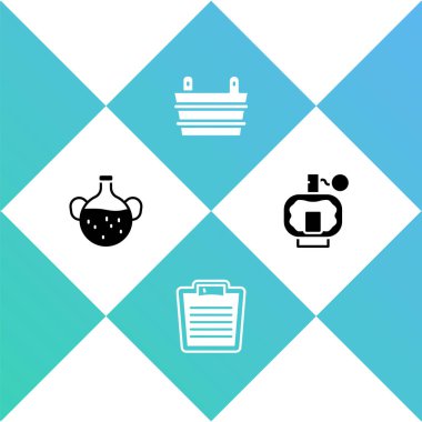 Gerekli yağ şişesi, banyo terazisi, sauna kovası ve tıraş losyonu ikonu. Vektör