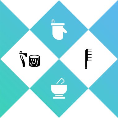 Tahta baltayı kütüğe, havan topuzuna, sauna eldivenlerine ve saç fırçası ikonuna yerleştir. Vektör