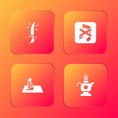 Arap kılıcı, Sözcü, Müslüman adam duası ve İslami çaydanlık ikonu. Vektör