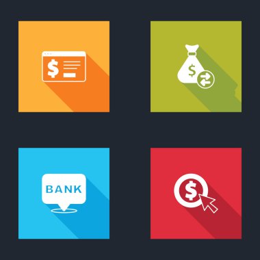 Dolar, para çantası, banka binası ve madeni para ikonu ile çevrimiçi bankacılık ayarla. Vektör