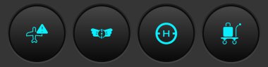 Uyarı uçağını, havacılık amblemini, helikopter iniş pistini ve Trolley bagaj ikonunu ayarlayın. Vektör