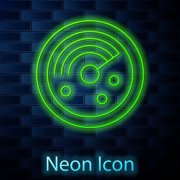 Glowing neon line Radar with targets on monitor in searching icon isolated on brick wall background. Search system. Navy sonar. Vector — Stock Vector