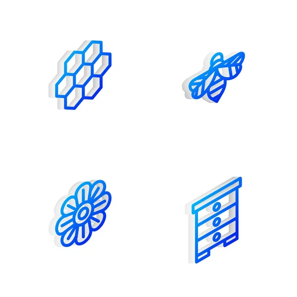 Set Isometric ligne Abeille, nid d'abeille, fleur et ruche pour les abeilles icône. Vecteur — Image vectorielle